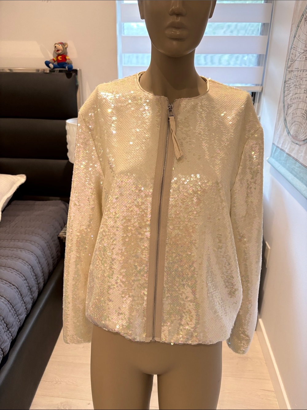 Elie Tahari Iridescent Sequin Bomber Jacket in Cream